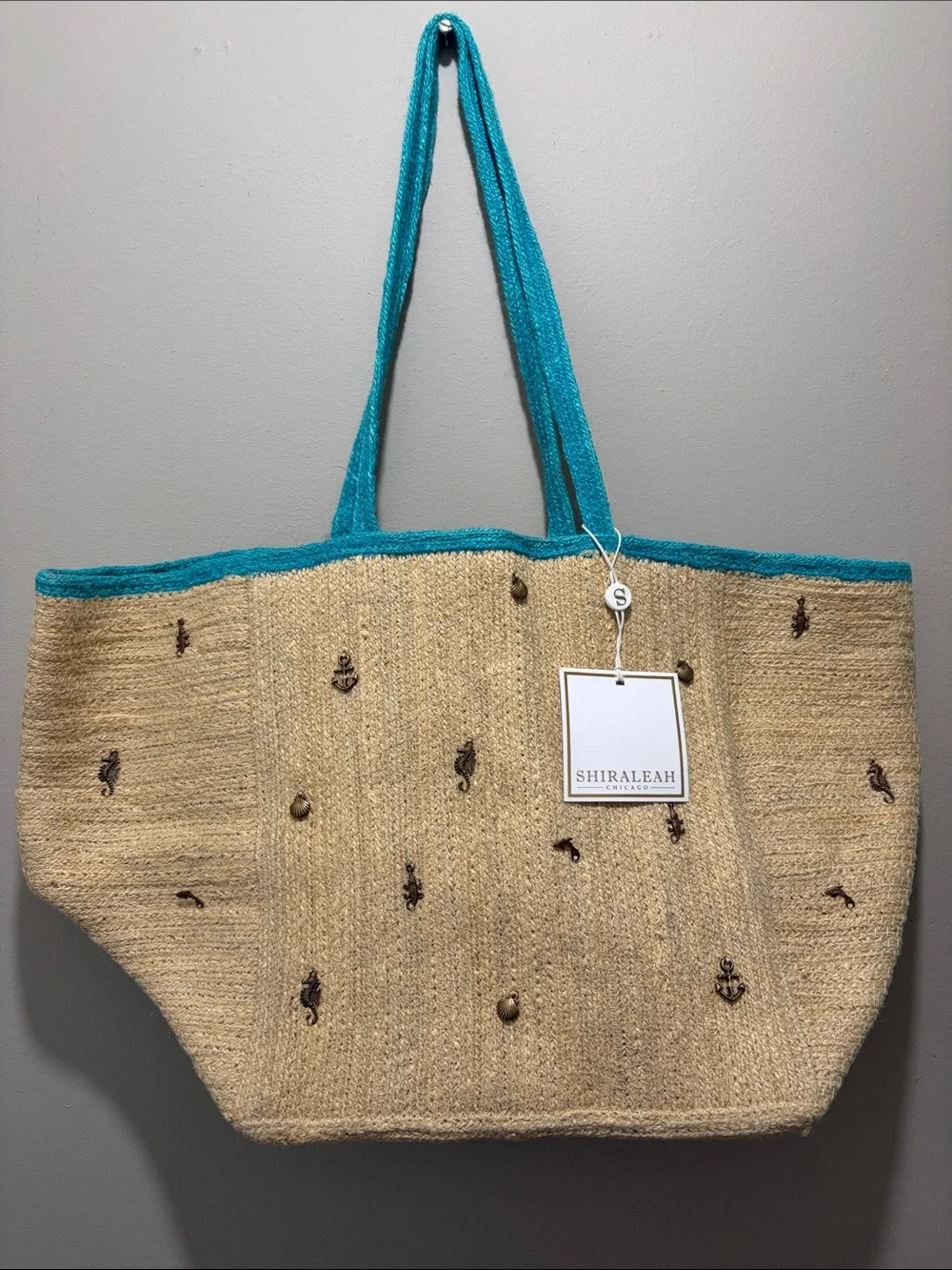Shiraleah Cici Teal-Trim natural colored jute Tote w/ ocean Accent charm beads